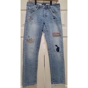 Anthro Pilcro Slim Boyfriend Jeans Patchwork Embroidered Distressed Size 26